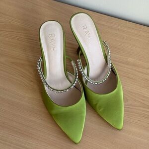 RAYE Matcha Green Satin Heels with Crystal Accents